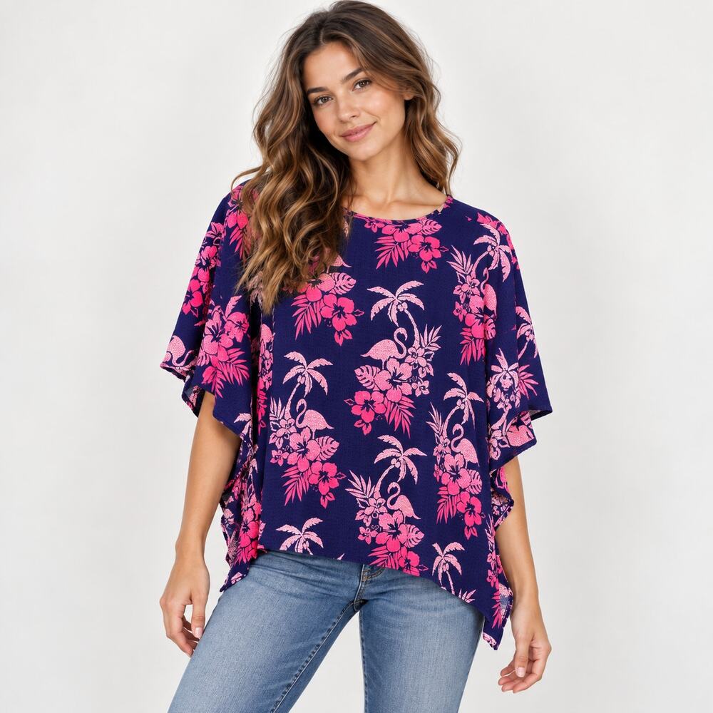 Quacker Factory Kimono Top Women's Size SPink Palm Trees Flamingos Semi-Sheer
